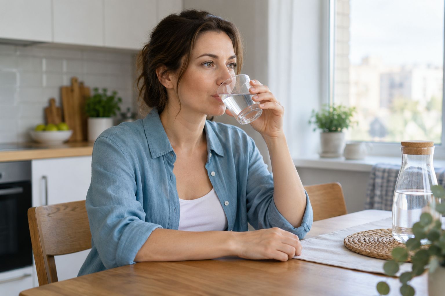 Капельница при обезвоживании — женщина пьёт воду